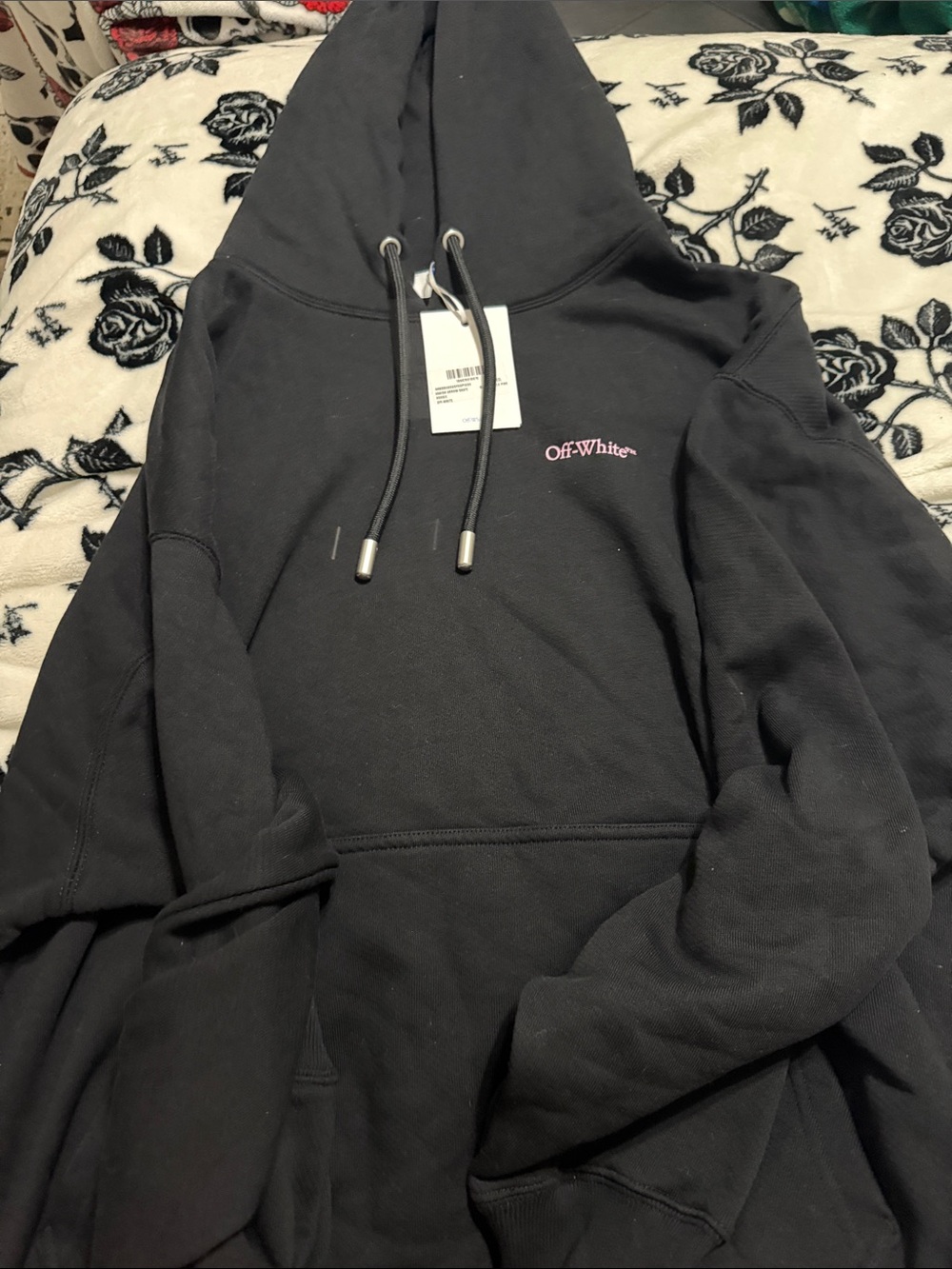 Off-White Black Crewneck Hoodie with Pink Logo